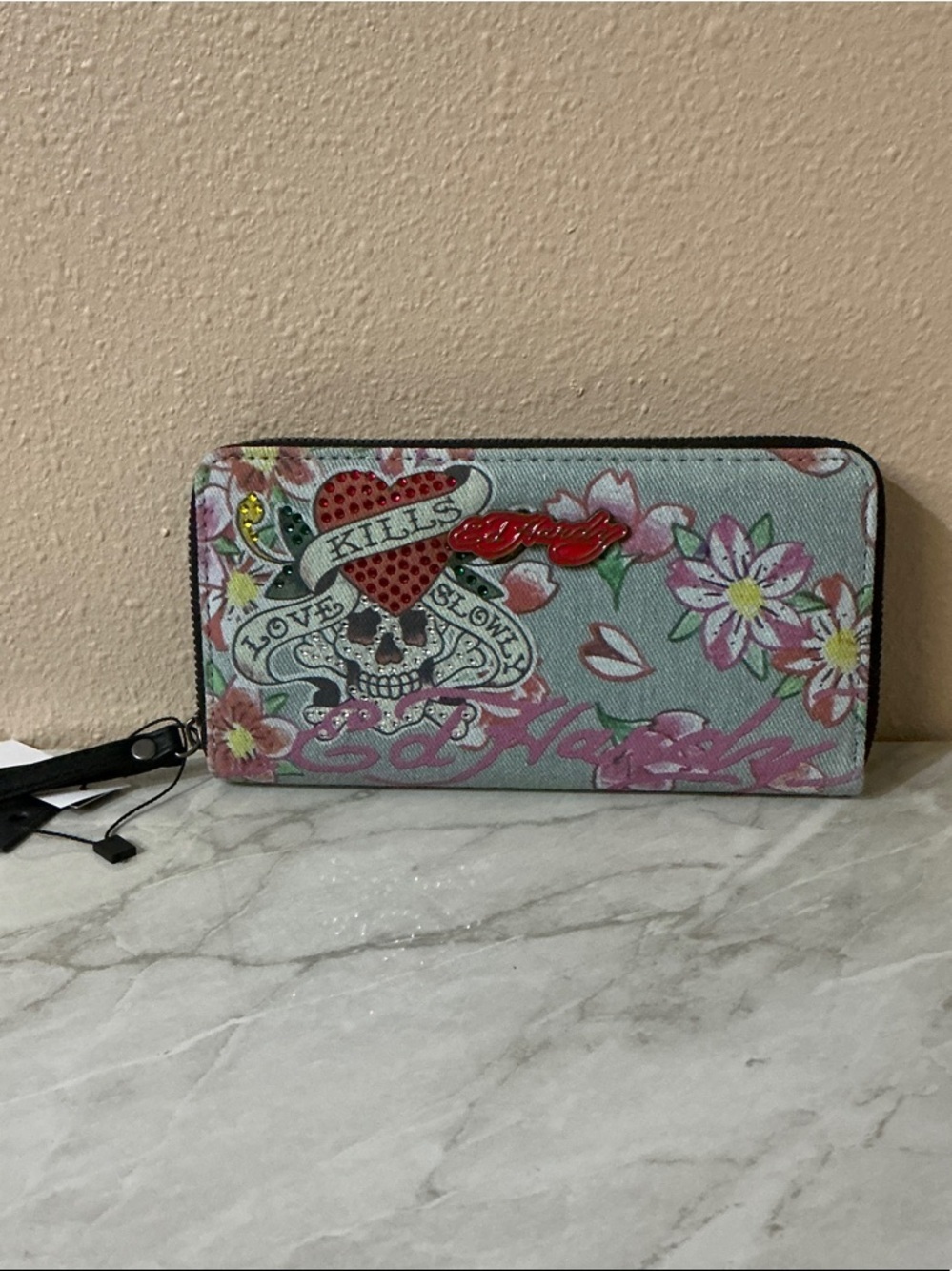 Ed Hardy Denim Light Blue and Pink Floral Skull Zip Wallet.